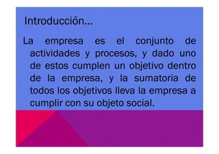 La empresa es el conjunto de
actividades y procesos, y dado uno
de estos cumplen un objetivo dentro
de la empresa, y la sumatoria de
Introducción…
de la empresa, y la sumatoria de
todos los objetivos lleva la empresa a
cumplir con su objeto social.
 