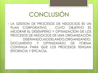 CONCLUSIÓN 
 LA GESTION DE PROCESOS DE NEGOCIOS ES UN 
PLAN CORPORATIVO , CUYO OBJETIVO ES 
MEJORAR EL DESEMPEÑO Y OPTIMIZACÍON DE LOS 
PROCESOS DE NEGOCIOS DE UNA ORGANIZACIÓN 
, DISEÑANDO,MODELANDO,ORGANIZANDO, 
DOCUMENTO Y OPTIMIZANDO DE FORMA 
CONTINUA PARA QUE LOS PROCESOS TENGAN 
EFICIENCIA Y EFICACIA. 
 