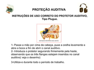 PROTEÇÃO AUDITIVA 
INSTRUÇÕES DE USO CORRETO DO PROTETOR AUDITIVO, 
Tipo Plugue. 
1- Passe a mão por cima da cabeça, puxe a orelha levemente e 
abra a boca a fim de abrir o canal auditivo. 
2- Introduza o protetor segurando firmemente pela haste, 
observando que os três flanges estejam inseridos no canal 
auditivo( veja o desenho) 
3-Utilize-o durante todo o período de trabalho. 
 