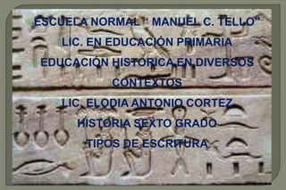  ESCUELA NORMAL “ MANUEL C. TELLO” 
LIC. EN EDUCACIÓN PRIMARIA 
EDUCACIÓN HISTORICA EN DIVERSOS 
CONTEXTOS 
LIC. ELODIA ANTONIO CORTEZ 
HISTORIA SEXTO GRADO 
TIPOS DE ESCRITURA 
 