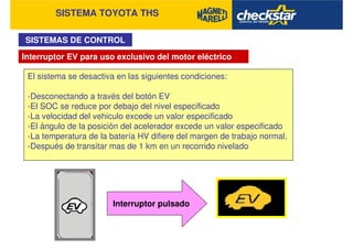 SISTEMA TOYOTA THS
SISTEMAS DE CONTROL
El sistema se desactiva en las siguientes condiciones:
-Desconectando a través del botón EV
-El SOC se reduce por debajo del nivel especificado
-La velocidad del vehiculo excede un valor especificado
-El ángulo de la posición del acelerador excede un valor especificado
-La temperatura de la batería HV difiere del margen de trabajo normal.
-Después de transitar mas de 1 km en un recorrido nivelado
Interruptor EV para uso exclusivo del motor eléctrico
Interruptor pulsado
 