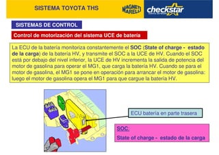 SISTEMA TOYOTA THS
SISTEMAS DE CONTROL
Control de motorización del sistema UCE de batería
La ECU de la batería monitoriza constantemente el SOC (State of charge - estado
de la carga) de la batería HV, y transmite el SOC a la UCE de HV. Cuando el SOC
está por debajo del nivel inferior, la UCE de HV incrementa la salida de potencia del
motor de gasolina para operar el MG1, que carga la batería HV. Cuando se para el
motor de gasolina, el MG1 se pone en operación para arrancar el motor de gasolina:
luego el motor de gasolina opera el MG1 para que cargue la batería HV.
ECU batería en parte trasera
SOC:
State of charge - estado de la carga
 