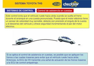 SISTEMA TOYOTA THS
SISTEMAS DE CONTROL Control de asistencia en cuestas
Este control evita que el vehículo ruede hacia atrás cuando se suelta el freno
durante el arranque en una cuesta pronunciada. Puesto que el motor eléctrico tiene
un sensor de velocidad muy sensible, detecta con precisión el ángulo de la cuesta
y el descenso del vehículo y ofrece seguridad incrementando el par del motor
eléctrico.
Si se aplica el control de asistencia en cuestas, es posible que se apliquen los
frenos a las ruedas traseras para evitar que el vehículo ruede hacia atrás.
Entonces, la ECU de HV transmite una señal de actuación de los frenos traseros
a la ECU de control antipatinaje.
 