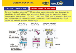 SISTEMA HONDA IMA
MOTOR COMBUSTIÓN
VTEC BAJO
Baja velocidad
VTEC ALTO
Alta velocidad
RALENTI CILINDROS
Válvulas desactivadas
Escape
Admisión
Como en los otros sistemas VTEC, se aplica presión de aceite para desplazar los
pasadores sincronizadores para bloquear o desbloquear los balancines de dos
piezas según sea necesario. En el modo de bajas RPM, se aplica presión de aceite
para bloquear los balancines primarios con los secundarios después de que los
lóbulos del árbol de levas se eleven bajos.
Sistema i-VTEC de tres fases
 