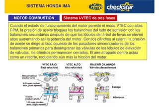 SISTEMA HONDA IMA
Cuando el estado de funcionamiento del motor permite el modo VTEC con altas
RPM, la presión de aceite bloquea los balancines del lado de admisión con los
balancines secundarios después de que los lóbulos del árbol de levas se eleven
altos aumentando así la potencia del motor. Con los cilindros al ralentí, la presión
de aceite se dirige al lado opuesto de los pasadores sincronizadores de los
balancines primarios para desengranar las válvulas de los lóbulos de elevación
de válvulas, los cilindros permanecen cerrados. El aire atrapado dentro actúa
como un resorte, reduciendo aún más la fricción del motor.
Sistema i-VTEC de tres fasesMOTOR COMBUSTIÓN
VTEC BAJO
Baja velocidad
VTEC ALTO
Alta velocidad
RALENTI CILINDROS
Válvulas desactivadas
Escape
Admisión
 