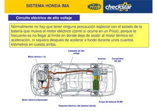 SISTEMA HONDA IMA
Circuito eléctrico de alto voltaje
Cableado de alto
voltaje
Motor térmico 1.3i
Motor eléctrico/Generador
Inversor Convertidor
DC-DC
Grupo de baterías Ni-MH
Esquema eléctrico del sistema hibrido
Normalmente no hay que tener ninguna precaución especial con el estado de la
batería que mueve el motor eléctrico (como sí ocurre en un Prius), porque lo
frecuente es no llegar al límite en donde deja de asistir al motor térmico en
aceleración, ni siquiera después de acelerar a fondo durante unos cuantos
kilómetros en cuesta arriba.
 