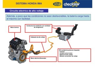 SISTEMA HONDA IMA
Circuito eléctrico de alto voltaje
IPU (unidad de potencia integrada)
- Inversor
- Unidad control motor
- Batería de alto voltaje
- Módulo convertidor de voltaje
Cableado de alto voltaje
Conductos de ventilación con ventilador
de refrigeraciónMotor térmico
Motor eléctrico/Generador
Además, a poco que las condiciones no sean desfavorables, la batería carga hasta
el máximo con facilidad.
 