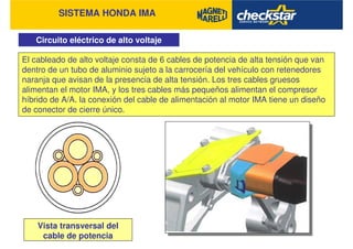 SISTEMA HONDA IMA
Circuito eléctrico de alto voltaje
El cableado de alto voltaje consta de 6 cables de potencia de alta tensión que van
dentro de un tubo de aluminio sujeto a la carrocería del vehículo con retenedores
naranja que avisan de la presencia de alta tensión. Los tres cables gruesos
alimentan el motor IMA, y los tres cables más pequeños alimentan el compresor
híbrido de A/A. la conexión del cable de alimentación al motor IMA tiene un diseño
de conector de cierre único.
Vista transversal del
cable de potencia
 