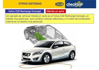 Volvo C30 Recharge Concept
OTROS SISTEMAS
Híbrido en serie
Un ejemplo de vehículo híbrido en serie es el Volvo C30 ReCharge Concept, un
híbrido muy particular, que combina motores eléctricos y un motor de combustión
interna en un diseño muy particular.
 