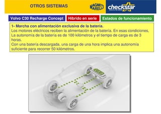 Volvo C30 Recharge Concept
OTROS SISTEMAS
Híbrido en serie Estados de funcionamiento
1- Marcha con alimentación exclusiva de la batería.
Los motores eléctricos reciben la alimentación de la batería. En esas condiciones,
La autonomía de la batería es de 100 kilómetros y el tiempo de carga es de 3
horas.
Con una batería descargada, una carga de una hora implica una autonomía
suficiente para recorrer 50 kilómetros.
 
