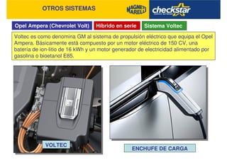 Opel Ampera (Chevrolet Volt)
OTROS SISTEMAS
Híbrido en serie Sistema Voltec
Voltec es como denomina GM al sistema de propulsión eléctrico que equipa el Opel
Ampera. Básicamente está compuesto por un motor eléctrico de 150 CV, una
batería de ion-litio de 16 kWh y un motor generador de electricidad alimentado por
gasolina o bioetanol E85.
VOLTEC
ENCHUFE DE CARGA
 