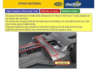 Opel Ampera (Chevrolet Volt)
OTROS SISTEMAS
Híbrido en serie Sistema Voltec
El grupo de baterías formado 220 células de Ion-litio en forma de T está alojado en
el chasis del vehículo.
El tiempo de recarga total de las baterías enchufadas a la red eléctrica es de unas
tres horas aproximadamente.
Hay que destacar que cuando el vehículo funciona con la autonomía de las
baterías (primeros 60km) las emisiones de CO2 son igual a cero.
Grupo baterías
 