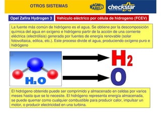 Opel Zafira Hydrogen 3
OTROS SISTEMAS
Vehículo eléctrico por célula de hidrogeno (FCEV)
La fuente más común de hidrógeno es el agua. Se obtiene por la descomposición
química del agua en oxígeno e hidrógeno partir de la acción de una corriente
eléctrica (electrólisis) generada por fuentes de energía renovable (solar
fotovoltaica, eólica, etc.). Este proceso divide el agua, produciendo oxígeno puro e
hidrógeno
El hidrógeno obtenido puede ser comprimido y almacenado en celdas por varios
meses hasta que se lo necesite. El hidrógeno representa energía almacenada,
se puede quemar como cualquier combustible para producir calor, impulsar un
motor, o producir electricidad en una turbina.
 