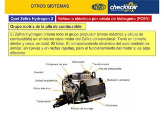 Opel Zafira Hydrogen 3
OTROS SISTEMAS
Vehículo eléctrico por célula de hidrogeno (FCEV)
Grupo motriz de la pila de combustible
El Zafira Hydrogen 3 tiene todo el grupo propulsor (motor eléctrico y célula de
combustible) en el mismo vano motor del Zafira convencional. Tiene un tamaño
similar y pesa, en total, 92 kilos. El comportamiento dinámico del auto también es
similar, en curvas y en rectas rápidas, pero el funcionamiento del motor sí es algo
diferente.
 