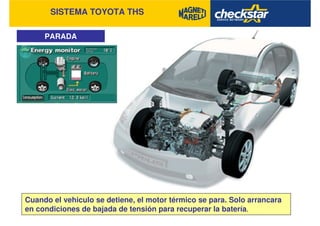 SISTEMA TOYOTA THS
PARADA
Cuando el vehiculo se detiene, el motor térmico se para. Solo arrancara
en condiciones de bajada de tensión para recuperar la batería.
 