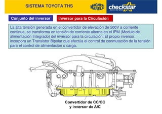 SISTEMA TOYOTA THS
Conjunto del inversor Inversor para la Circulación
La alta tensión generada en el convertidor de elevación de 500V a corriente
continua, se transforma en tensión de corriente alterna en el IPM (Modulo de
alimentación Integrado) del inversor para la circulación. El propio inversor,
incorpora un Transistor Bipolar que efectúa el control de conmutación de la tensión
para el control de alimentación o carga.
 