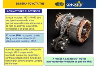SISTEMA TOYOTA THS
LOS MOTORES ELÉCTRICOS
Ambos motores, MG1 y MG2 son
del tipo sincrónico de imán
permanente altamente eficientes a
la hora de alternar la corriente,
compactos y de poco peso.
El motor MG1 recarga la batería
HV y suministra alimentación
eléctrica para excitar el MG2.
Además, regulando la cantidad de
energía eléctrica generada
(variando las rpm del generador),
controla eficazmente la función de
transmisión continuamente variable
del transeje.
A menos r.p.m del MG1 mayor
aprovechamiento del par de giro del MG2
 