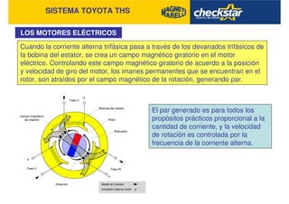 SISTEMA TOYOTA THS
Cuando la corriente alterna trifásica pasa a través de los devanados trifásicos de
la bobina del estator, se crea un campo magnético giratorio en el motor
eléctrico. Controlando este campo magnético giratorio de acuerdo a la posición
y velocidad de giro del motor, los imanes permanentes que se encuentran en el
rotor, son atraídos por el campo magnético de la rotación, generando par.
LOS MOTORES ELÉCTRICOS
El par generado es para todos los
propósitos prácticos proporcional a la
cantidad de corriente, y la velocidad
de rotación es controlada por la
frecuencia de la corriente alterna.
 