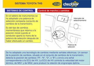 SISTEMA TOYOTA THS
SISTEMAS DE CONTROL Control de marcha y cambios
En el tablero de instrumentos se
ha adoptado una palanca de
selección compacta (conjunto de
cambios de la transmisión).
Es del tipo de cambios
momentáneos que retorna a la
posición inicial cuando el
conductor aparta la mano de la
palanca de selección después de
haber efectuado un cambio.
Se ha adoptado una tecnología de cambios mediante señales eléctricas. Un sensor
de la posición de cambios, situado en el conjunto de cambios de la transmisión,
detecta la posición de cambios (“R”, “N”, “D”, o “B”) y envía una señal
correspondiente a la ECU de HV. La ECU de HV controla la velocidad del motor
térmico, de MG1 y de MG2, para producir la relación de engranajes óptima.
Interruptor de
estacionamiento
Palanca de
selección
 