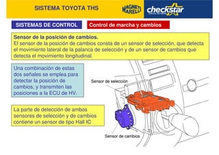 SISTEMA TOYOTA THS
SISTEMAS DE CONTROL Control de marcha y cambios
Sensor de la posición de cambios.
El sensor de la posición de cambios consta de un sensor de selección, que detecta
el movimiento lateral de la palanca de selección y de un sensor de cambios que
detecta el movimiento longitudinal.
La parte de detección de ambos
sensores de selección y de cambios
contiene un sensor de tipo Hall IC
Una combinación de estas
dos señales se emplea para
detectar la posición de
cambios, y transmiten las
posiciones a la ECU de HV.
 