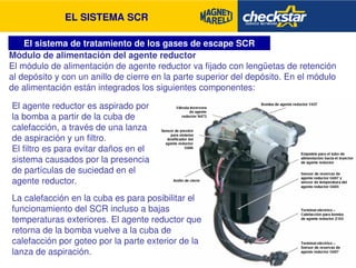 EL SISTEMA SCR 
El sistema de tratamiento de los gases de escape SCR 
Módulo de alimentación del agente reductor 
El módulo de alimentación de agente reductor va fijado con lengüetas de retención 
al depósito y con un anillo de cierre en la parte superior del depósito. En el módulo 
de alimentación están integrados los siguientes componentes: 
El agente reductor es aspirado por 
la bomba a partir de la cuba de 
calefacción, a través de una lanza 
de aspiración y un filtro. 
El filtro es para evitar daños en el 
sistema causados por la presencia 
de partículas de suciedad en el 
agente reductor. 
La calefacción en la cuba es para posibilitar el 
funcionamiento del SCR incluso a bajas 
temperaturas exteriores. El agente reductor que 
retorna de la bomba vuelve a la cuba de 
calefacción por goteo por la parte exterior de la 
lanza de aspiración. 
 