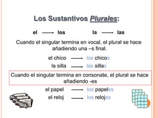 Los Sustantivos Plurales: 
el los la las 
Cuando el singular termina en vocal, el plural se hace 
añadiendo una –s final. 
el chico los chicos 
la silla las sillas 
Cuando el singular termina en consonate, el plural se hace 
añadiendo -es 
el papel los papeles 
el reloj los relojes 
 
