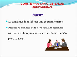 COMITÉ PARITARIO DE SALUD 
OCUPACIONAL 
QUORUM 
Lo constituye la mitad mas uno de sus miembros. 
Pasados 30 minutos de la hora señalada sesionará 
con los miembros presentes y sus decisiones tendrán 
plena validez. 
 
