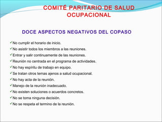 COMITÉ PARITARIO DE SALUD 
OCUPACIONAL 
DOCE ASPECTOS NEGATIVOS DEL COPASO 
No cumplir el horario de inicio. 
No asistir todos los miembros a las reuniones. 
Entrar y salir continuamente de las reuniones. 
Reunión no centrada en el programa de actividades. 
No hay espíritu de trabajo en equipo. 
Se tratan otros temas ajenos a salud ocupacional. 
No hay acta de la reunión. 
Manejo de la reunión inadecuado. 
No existen soluciones o acuerdos concretos. 
No se toma ninguna decisión. 
No se respeta el termino de la reunión. 
 