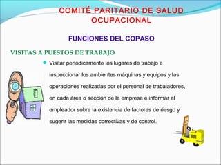 COMITÉ PARITARIO DE SALUD 
OCUPACIONAL 
FUNCIONES DEL COPASO 
VISITAS A PUESTOS DE TRABAJO 
 Visitar periódicamente los lugares de trabajo e 
inspeccionar los ambientes máquinas y equipos y las 
operaciones realizadas por el personal de trabajadores, 
en cada área o sección de la empresa e informar al 
empleador sobre la existencia de factores de riesgo y 
sugerir las medidas correctivas y de control. 
 