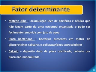 22 
• Matéria Alba – acumulação leve de bactérias e células que 
não fazem parte de uma estrutura organizada e pode ser 
facilmente removida com jato de água 
• Placa bacteriana – bactérias presentes em matriz de 
glicoproteínas salivares e polissacarídeos extracelulares 
• Cálculo – depósito duro de placa calcificada, coberto por 
placa não-mineralizada. 
 