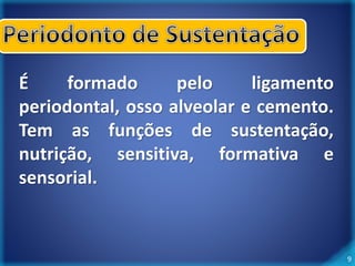 9 
É formado pelo ligamento 
periodontal, osso alveolar e cemento. 
Tem as funções de sustentação, 
nutrição, sensitiva, formativa e 
sensorial. 
 