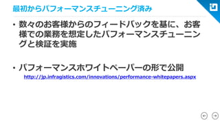 最初からパフォーマンスチューニング済み 
•数々のお客様からのフィードバックを基に、お客 様での業務を想定したパフォーマンスチューニン グと検証を実施 
•パフォーマンスホワイトペーパーの形で公開 http://jp.infragistics.com/innovations/performance-whitepapers.aspx  