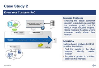 www.luxoft.com 
Case Study 2 
Know Your Customer PoC 
Business Challenge 
• Knowing the actual customer 
reaction to products is essential 
for business growth, but it’s 
difficult to get valuable insights. 
Social media is the place where 
customer really share their 
opinion 
SOLUTION 
Hadoop-based analysis tool that 
provides the ability to: 
• Find the events in the client 
streams, identify needed 
reaction 
• Propose a product to a client, 
based on his interests 
 