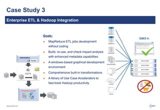 www.luxoft.com 
Case Study 3 
Enterprise ETL & Hadoop Integration 
Goals: 
 MapReduce ETL jobs development 
without coding 
 Build, re-use, and check impact analysis 
with enhanced metadata capabilities 
 A windows-based graphical development 
environment 
 Comprehensive built-in transformations 
 A library of Use Case Accelerators to 
fast-track Hadoop productivity 
 