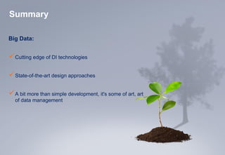 www.luxoft.com 
Big Data: 
 
Cutting edge of DI technologies 
 
State-of-the-art design approaches 
 
A bit more than simple development, it's some of art, art 
of data management 
Summary 
 