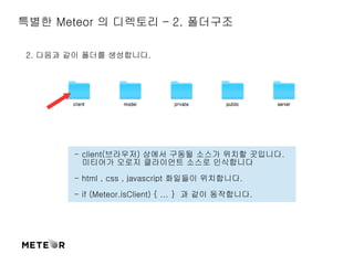 특별한 Meteor 의 디렉토리 – 2. 폴더구조 
2. 다음과 같이 폴더를 생성합니다. 
- client(브라우저) 상에서 구동될 소스가 위치할 곳입니다. 
미티어가 오로지 클라이언트 소스로 인식합니다 
- html , css , javascript 화일들이 위치합니다. 
- if (Meteor.isClient) { ... } 과 같이 동작합니다. 
 