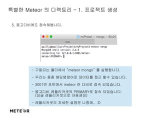 특별한 Meteor 의 디렉토리 – 1. 프로젝트 생성 
5. 몽고디비에도 접속해봅니다. 
 