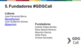 5. Fundadores #GDGCali 
Líderes 
Jose Fernando Berna 
@josefbernam 
Juan Guillermo Gómez 
@jggomezt Fundadores 
Andrés Felipe Muñóz. 
Elias Alberto Moreno. 
Mauricio Garcia. 
Sofia Parra 
Andres Gonzalez 
