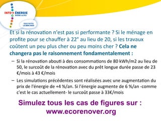 Et si la rénovation n'est pas si performante ? Si le ménage en 
profite pour se chaufer à 22° au lieu de 20, si les travaux 
coûtent un peu plus cher ou peu moins cher ? Cela ne 
changera pas le raisonnement fondamentalement : 
– Si la rénovation abouti à des consommations de 80 kWh/m2 au lieu de 
50, le surcoût de la rénovation avec du prêt longue durée passe de 23 
€/mois à 43 €/mois 
– Les simulations précédentes sont réalisées avec une augmentation du 
prix de l'énergie de +4 %/an. Si l'énergie augmente de 6 %/an -comme 
c'est le cas actuellement- le surcoût passe à 33€/mois 
Simulez tous les cas de figures sur : 
www.ecorenover.org 
 