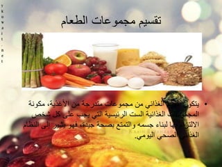 تقس مٌ مجموعات الطعام 
• تٌكون الهرم الغذائ من مجموعات متدرجة من الأغذ ةٌ، مكونة 
المجموعات الغذائ ةٌ الست الرئ سٌ ةٌ الت جٌب على كل شخص 
الالتزام بها لبناء جسمه والتمتع بصحة ج دٌة، فهو شٌ رٌ إلى النظام 
الغذائ الصح ال وٌم .ً 
 