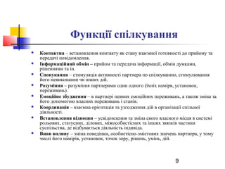 Функції спілкування 
 Контактна – встановлення контакту як стану взаємної готовності до прийому та 
9 
передачі повідомлення. 
 Інформаційний обмін – прийом та передача інформації, обмін думками, 
рішеннями та ін. 
 Спонукання – стимуляція активності партнера по спілкуванню, стимулювання 
його невиконання чи інших дій. 
 Розуміння – розуміння партнерами один одного (їхніх намірв, установок, 
переживань). 
 Емоційне збудження – в партнері певних емоційних переживань, а також зміна за 
його допомогою власних переживань і станів. 
 Координація – взаємна орієнтація та узгодження дій в організації спільної 
діяльності. 
 Встановлення відносин – усвідомлення та зміна свого власного місця в системі 
рольових, статусних, ділових, міжособистісних та інших звязків частини 
суспільства, де відбувається діяльність індивіда. 
 Вияв впливу – зміна поведінки, особистісно-змістових значень партнера, у тому 
числі його намірів, установок, точок зору, рішень, умінь, дій. 
 