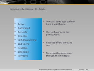 Numberate Metadata – It’s Alive.. 
 Active 
 Automated 
 Accurate 
 Essential 
 Self documenting 
 End to end 
 Reusable 
 Extensible 
 Pervasive 
 One and done approach to 
build a warehouse 
 The tool manages the 
project work 
 Reduces effort, time and 
cost 
 Maintain the warehouse 
through the metadata 
Numberate Data Warehousing & Business Intelligence Solutions December 2, 2014 
 