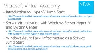 http://www.microsoftvirtualacademy.com/training-courses/introduction-to-hyper- v-jump-starthttp://www.microsoftvirtualacademy.com/training-courses/server-virtualization- with-windows-server-hyper-v-and-system-centerhttp://www.microsoftvirtualacademy.com/training-courses/windows-azure-pack- infrastructure-as-a-service-jump-start  