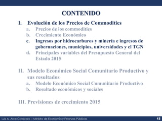 CONTENIDO 
I. Evolución de los Precios de Commodities 
c. Ingresos por hidrocarburos y minería e ingresos de 
gobernacione...