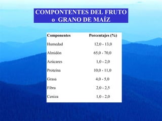COMPONTENTES DEL FRUTO 
o GRANO DE MAÍZ 
Componentes Porcentajes (%) 
Humedad 12,0 - 13,0 
Almidón 65,0 - 70,0 
Azúcares 1,0 - 2,0 
Proteína 10,0 - 11,0 
Grasa 4,0 - 5,0 
Fibra 2,0 - 2,5 
Ceniza 1,0 - 2,0 
 