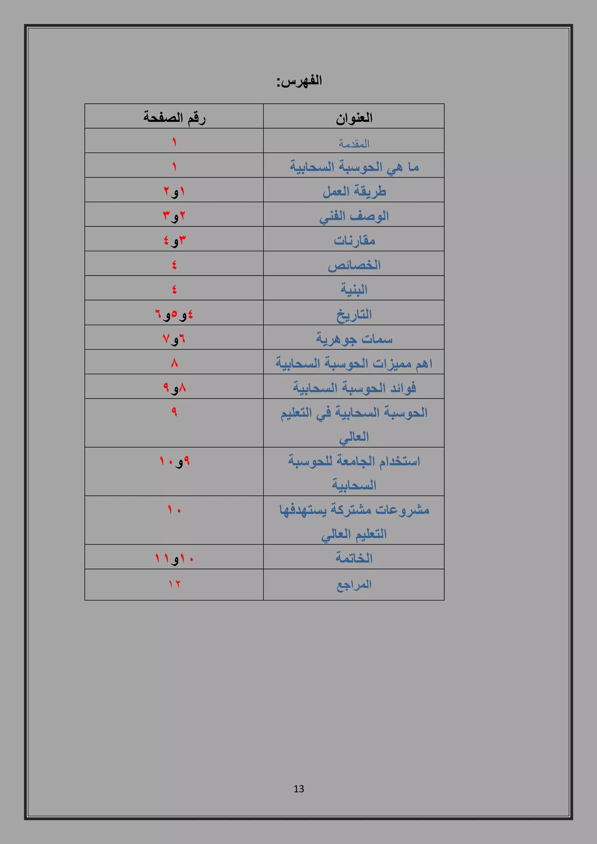 13 
الفهرس: 
العنوان 
رقم الصفحة 
المقدمة 
1 
ما هي الحوسبة السحابية 
1 
طريقة العمل 
1و 2 
الوصف الفني 
2و 3 
مقارنات 
3و 4 
الخصائص 
4 
البنية 
4 
التاريخ 
4و 5و 6 
سمات جوهرية 
6و 7 
اهم مميزات الحوسبة السحابية 
8 
فوائد الحوسبة السحابية 
8و 9 
الحوسبة السحابية في التعليم 
العالي 
9 
استخدام الجامعة للحوسبة 
السحابية 
9و 11 
مشروعات مشتركة يستهدفها 
التعليم العالي 
11 
الخاتمة 
11 و 11 
المراجع 
12 
