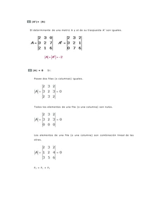 1 |At
|= |A|
El determinante de una matriz A y el de su traspuesta A t
son iguales.
2 |A| = 0 Si:
Posee dos filas (o columnas) iguales.
Todos los elementos de una fila (o una columna) son nulos.
Los elementos de una fila (o una columna) son combinación lineal de las
otras.
F3 = F1 + F2
 