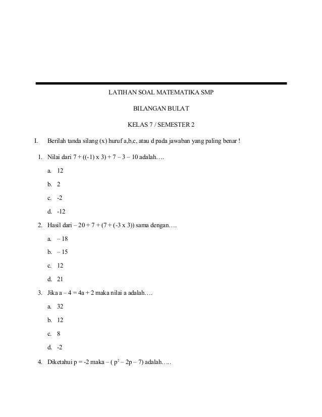 1 Latihan Soal Matematika Bilangan Bulat Smp
