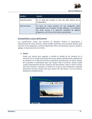 Microsoft Windows 7 
Nombre Función 
Reloj del sistema Es un reloj que muestra la hora del reloj interno de la 
computadora. 
Barra de tareas La barra de tareas permite ver qué programas están 
ejecutándose en el sistema. Permite además, si se configura 
así, tener acceso a la ejecución inmediata de algunos 
programas, ver la hora, entre otras características. 
Características nuevas del Escritorio 
Las características nuevas del escritorio de Windows facilitan la organización y 
administración de varias ventanas. Puede cambiar fácilmente entre ventanas abiertas para 
centrarse en los programas y archivos importantes. Otras características nuevas le ayudan a 
agregar un toque personal al escritorio. 
a. Ajustar 
Puede usar Ajustar para organizar y cambiar el tamaño de las ventanas en el 
escritorio con un simple movimiento del mouse. Ajustar permite alinear rápidamente 
las ventanas en un lado del escritorio, expandirlas verticalmente a la altura máxima 
de la pantalla o maximizarlas para que ocupen todo el escritorio. Ajustar puede 
resultar especialmente útil para comparar dos documentos, copiar o mover archivos 
entre dos ventanas, maximizar la ventana en la que se esté trabajando o expandir 
documentos de gran tamaño para que resulte más fácil leerlos y no sea necesario 
desplazarse constantemente. 
Ofimática I 19 
 