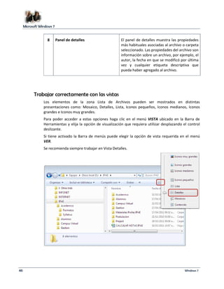 Microsoft Windows 7 
8 Panel de detalles El panel de detalles muestra las propiedades 
más habituales asociadas al archivo o carpeta 
seleccionado. Las propiedades del archivo son 
información sobre un archivo, por ejemplo, el 
autor, la fecha en que se modificó por última 
vez y cualquier etiqueta descriptiva que 
pueda haber agregado al archivo. 
Trabajar correctamente con las vistas 
Los elementos de la zona Lista de Archivos pueden ser mostrados en distintas 
presentaciones como: Mosaico, Detalles, Lista, Iconos pequeños, Iconos medianos, Iconos 
grandes e Iconos muy grandes. 
Para poder acceder a estas opciones haga clic en el menú VISTA ubicado en la Barra de 
Herramientas y elija la opción de visualización que requiera utilizar desplazando el control 
deslizante. 
Si tiene activado la Barra de menús puede elegir la opción de vista requerida en el menú 
VER. 
Se recomienda siempre trabajar en Vista Detalles. 
46 Windows 7 
 